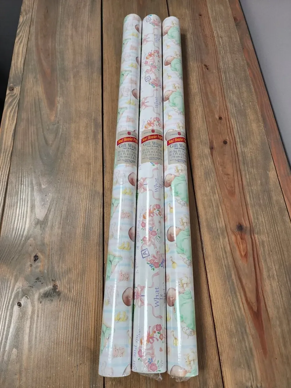 Vtg Lot 3 Baby Shower Roll Wrapping Paper American Greetings 20 Sq Ft Each